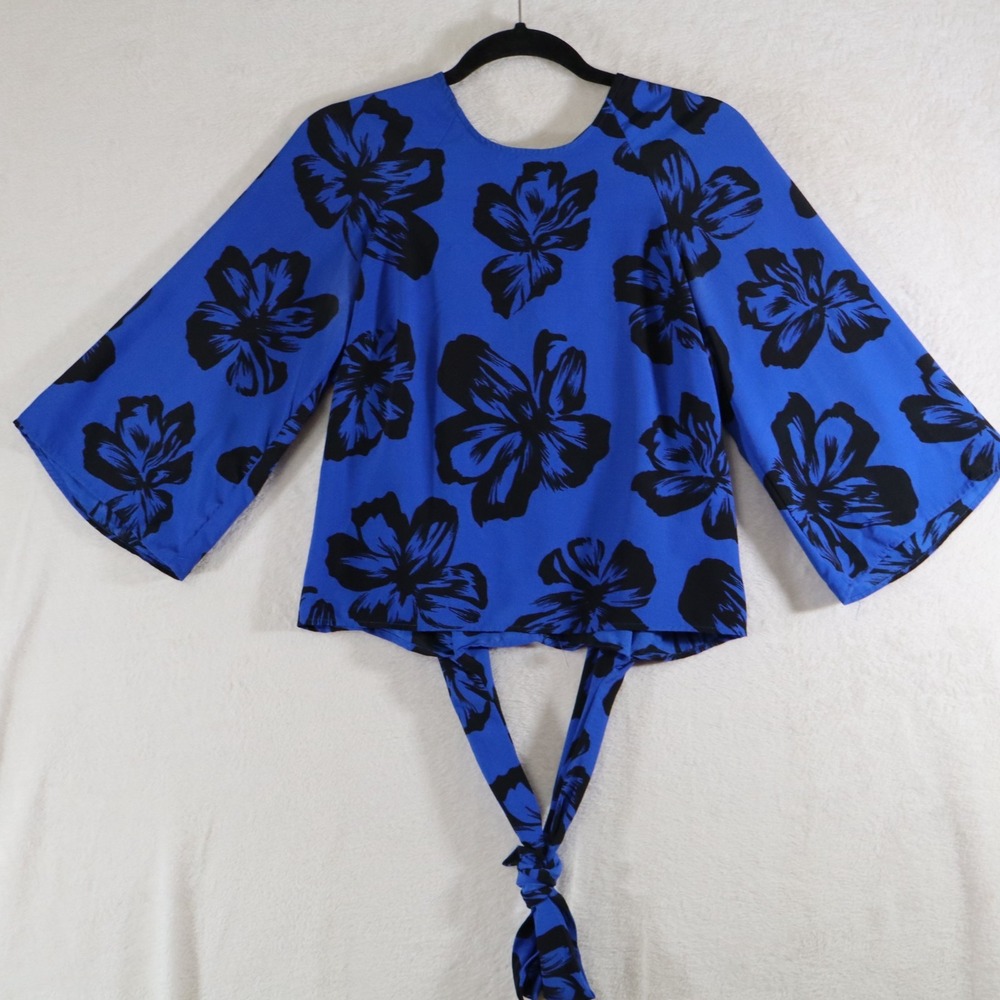 Women's Blouse Blue Black Floral Wide Sleeve Tie Front Top Size S Lightweight